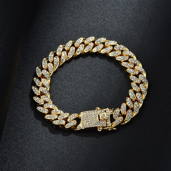 Hip Hop CZ Iced Out 14k Gold Plated Stainless Steel Miami Cuban Link Bracelet - Picture 9 of 9